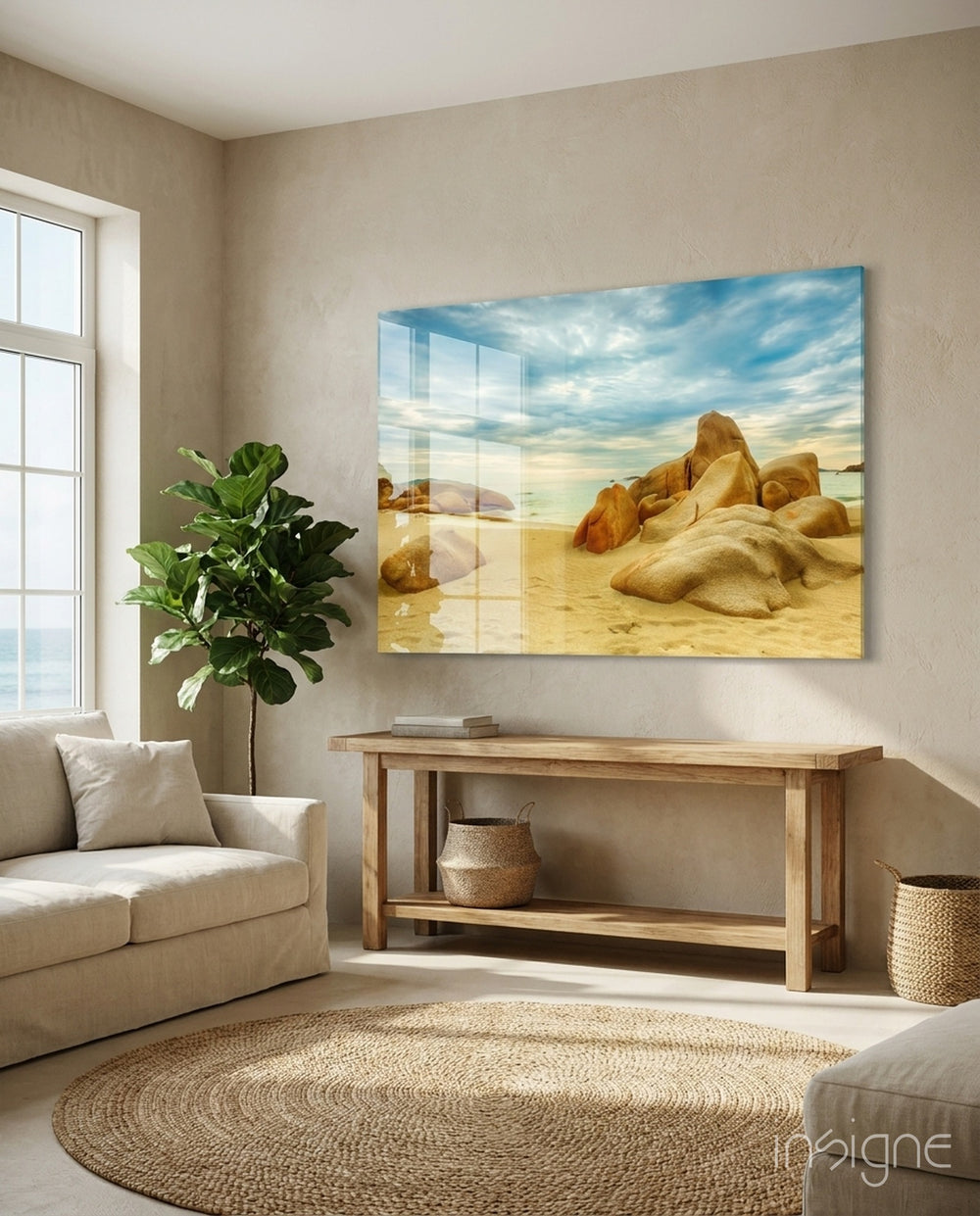 Beach glass wall art displayed above a console in a designer interior