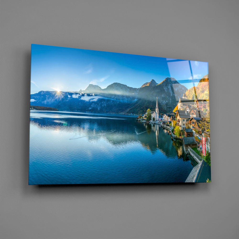 Close-up detail of Hallstatt's pastel church reflecting in the lake