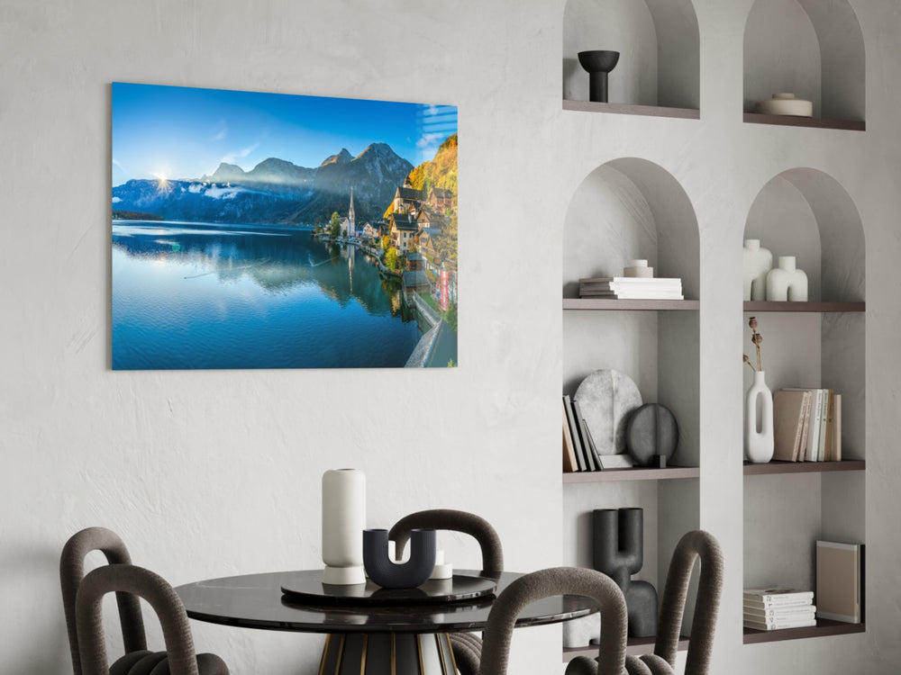 Lake glass print enhancing a dining area with scenic warmth