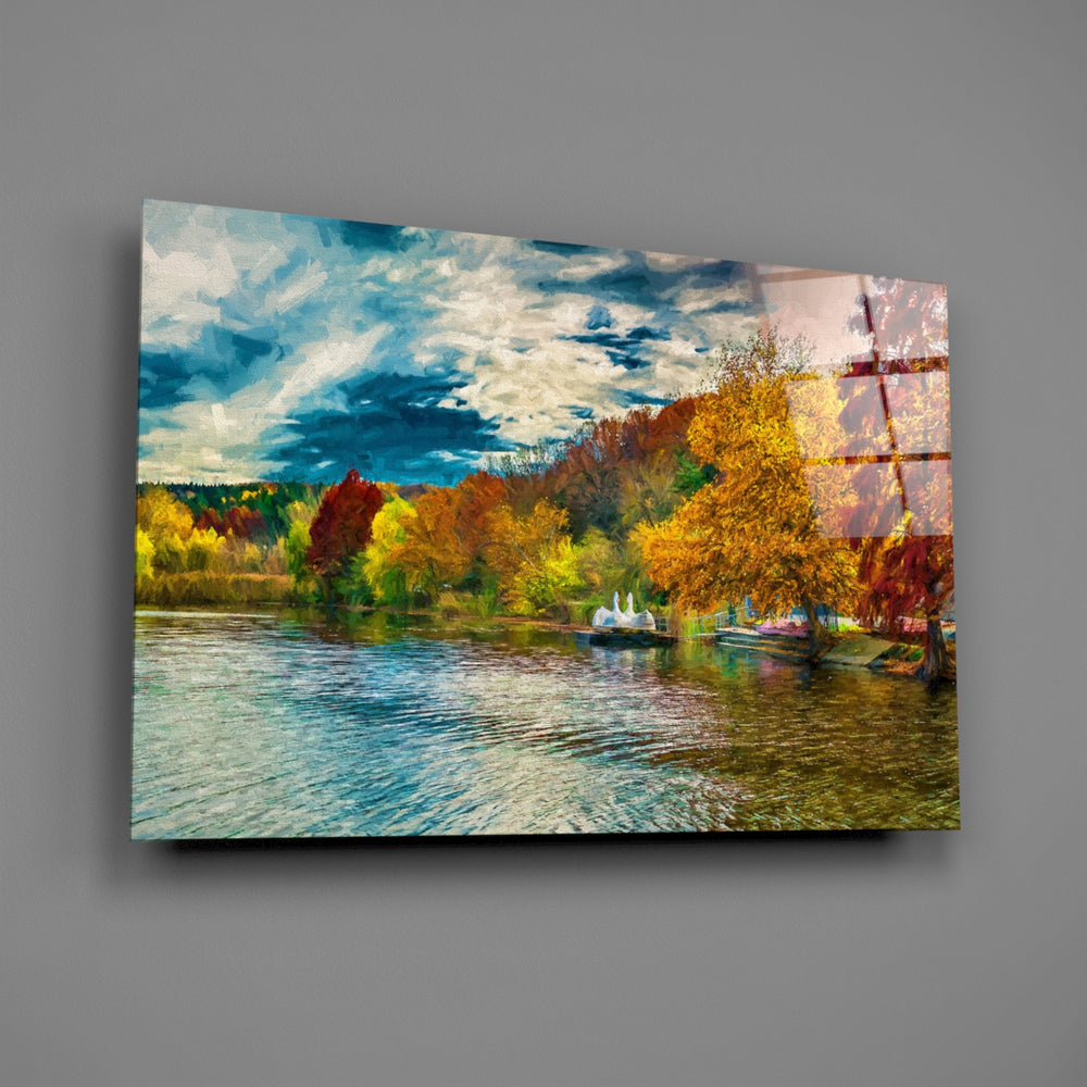Close-up detail of fiery autumn foliage reflected in lake water