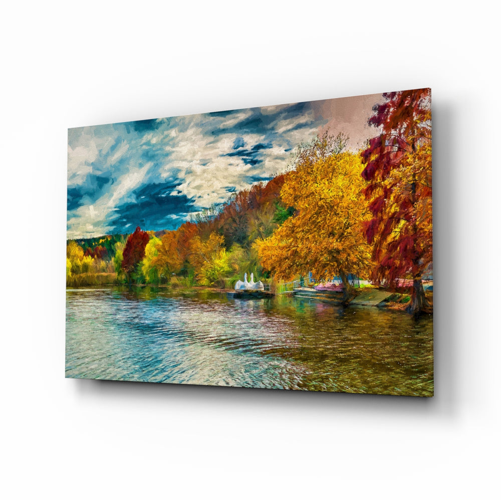 Autumn lake panel bringing seasonal warmth to a contemporary living space