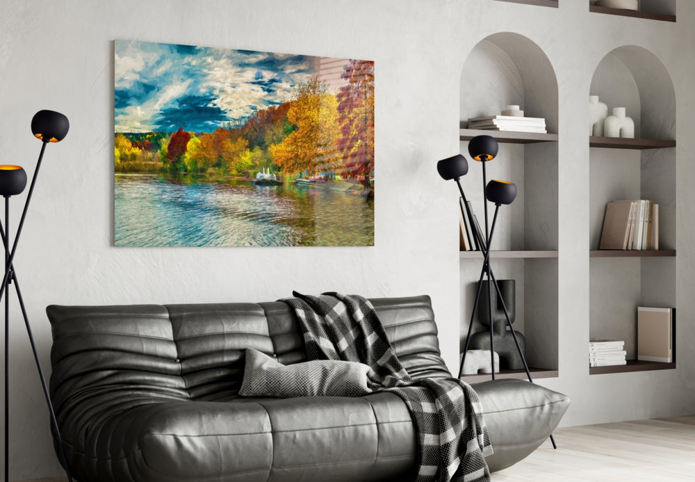 Lake panel adding warm seasonal color to a dining area