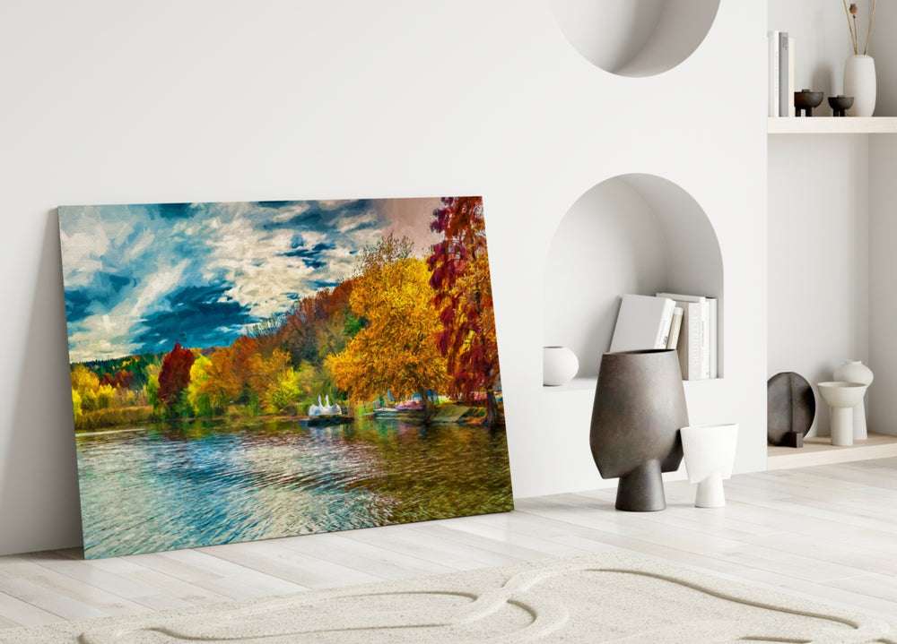 Lake glass wall art styled above a sofa in an autumn-mood living room