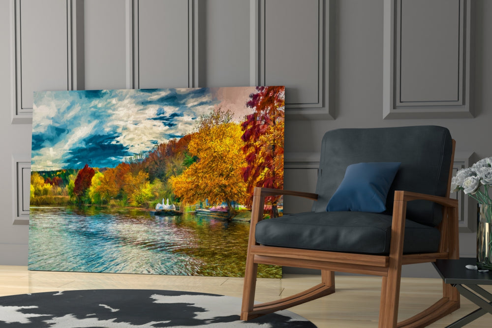 Lake artwork bringing autumn richness to a bedroom