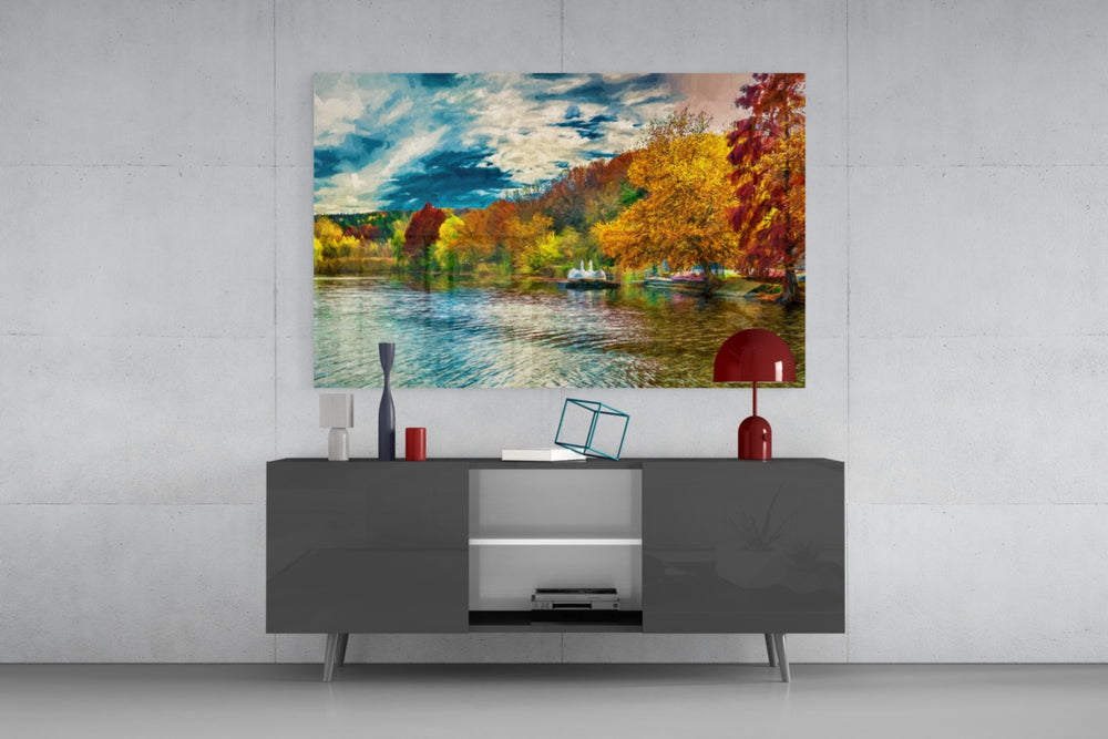Fine art photography – vibrant autumn lakeside with golden and russet foliage reflected in glassy calm water, dramatic blue sky overhead