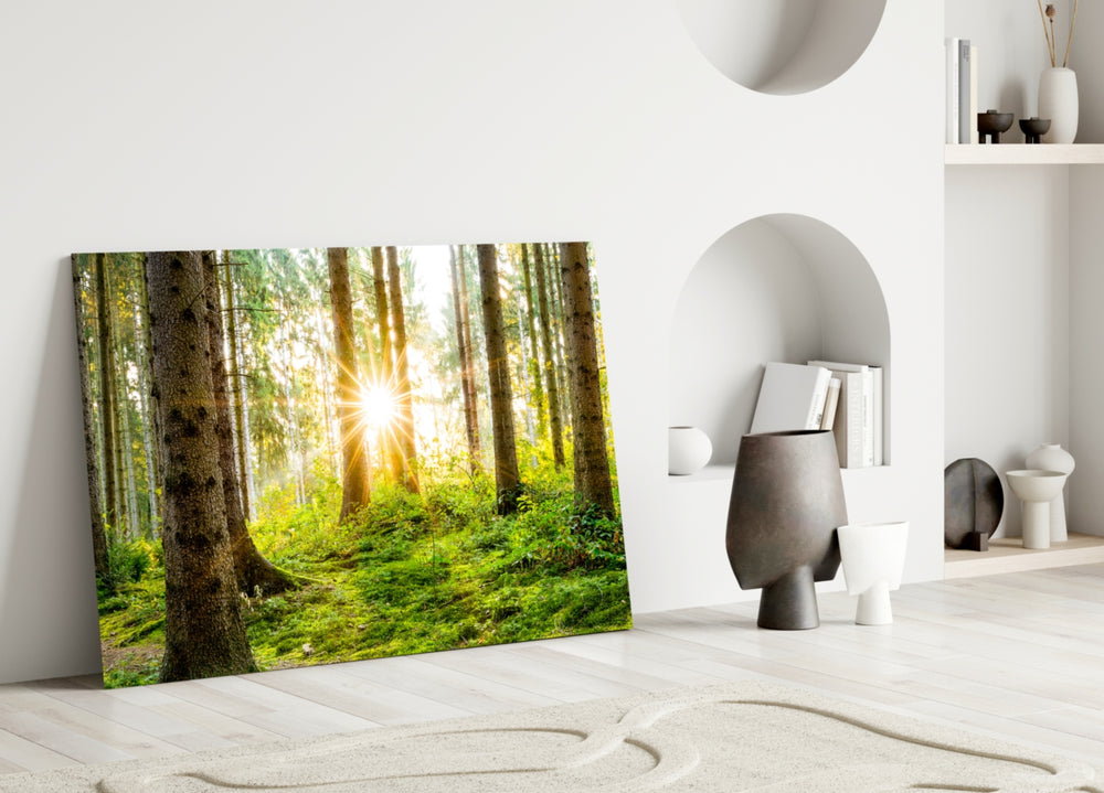 Forest glass wall art styled above a bed in a nature-mood bedroom