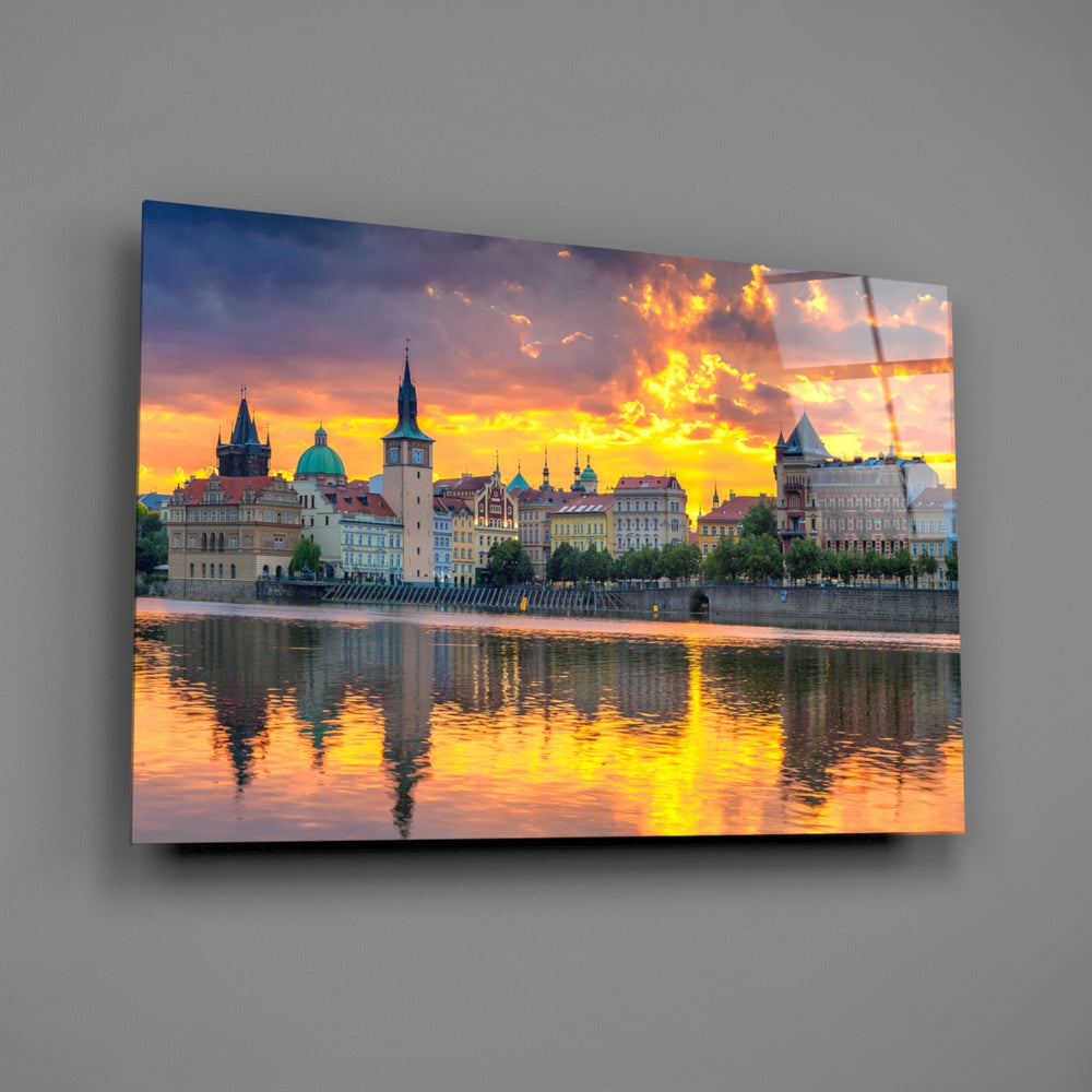 Close-up detail of Prague's spires silhouetted against a fiery sunset