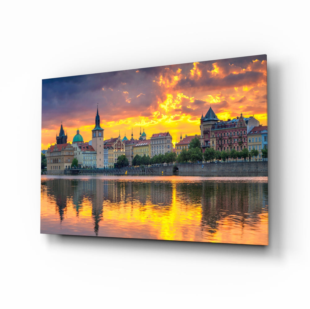 Prague cityscape panel bringing cinematic drama to a contemporary living space