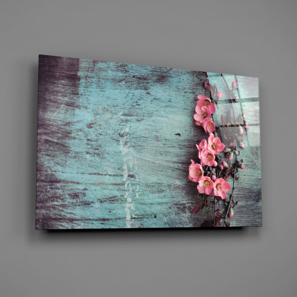Close-up detail of pink blossoms against weathered turquoise wood