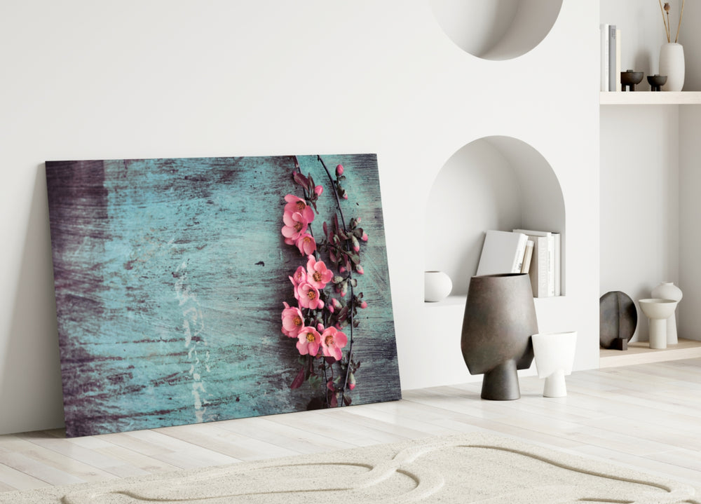 Pastel Flower glass wall art styled above a bed in a romantic bedroom