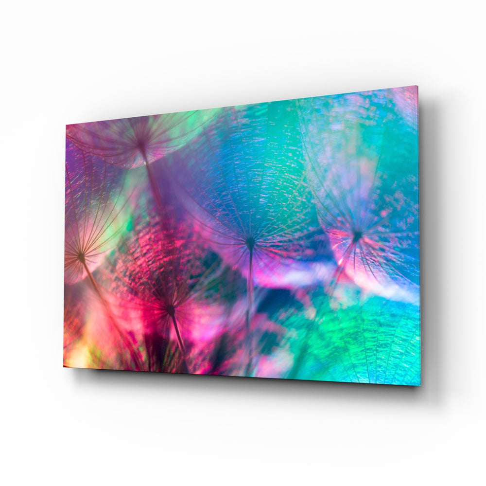 Iridescent dandelion panel bringing dreamy color to a contemporary living space