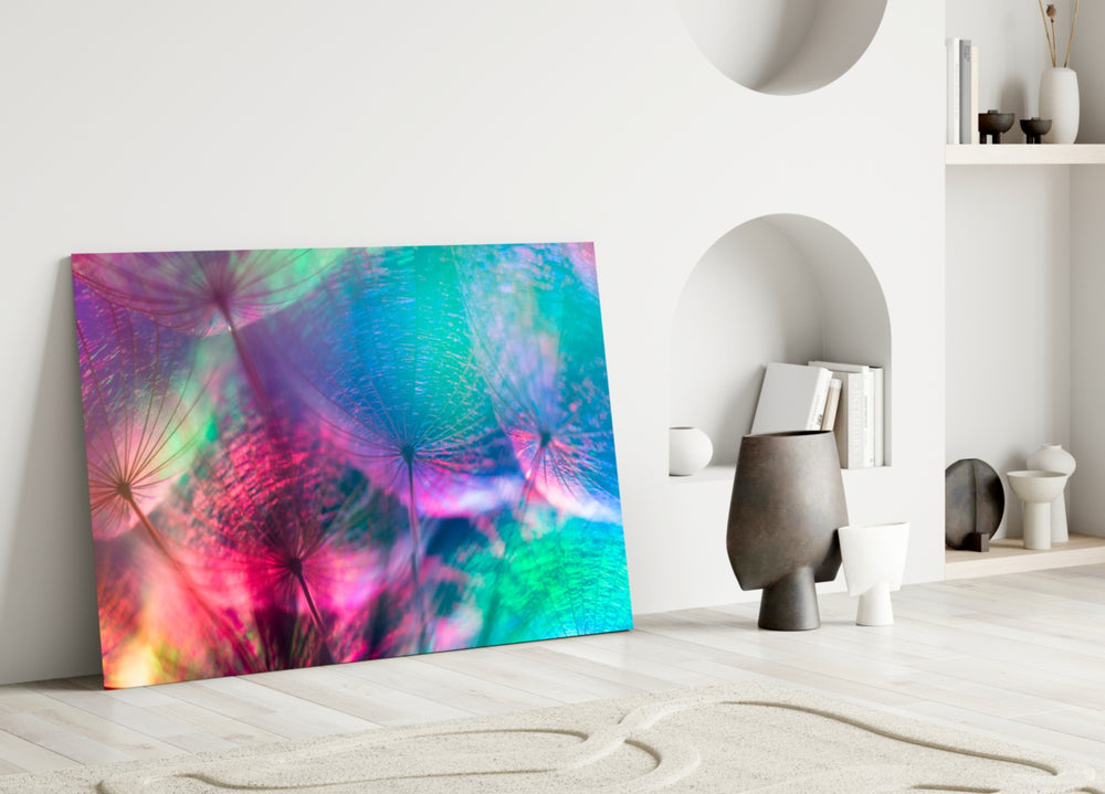 Dandelion glass wall art styled above a bed in a magical bedroom