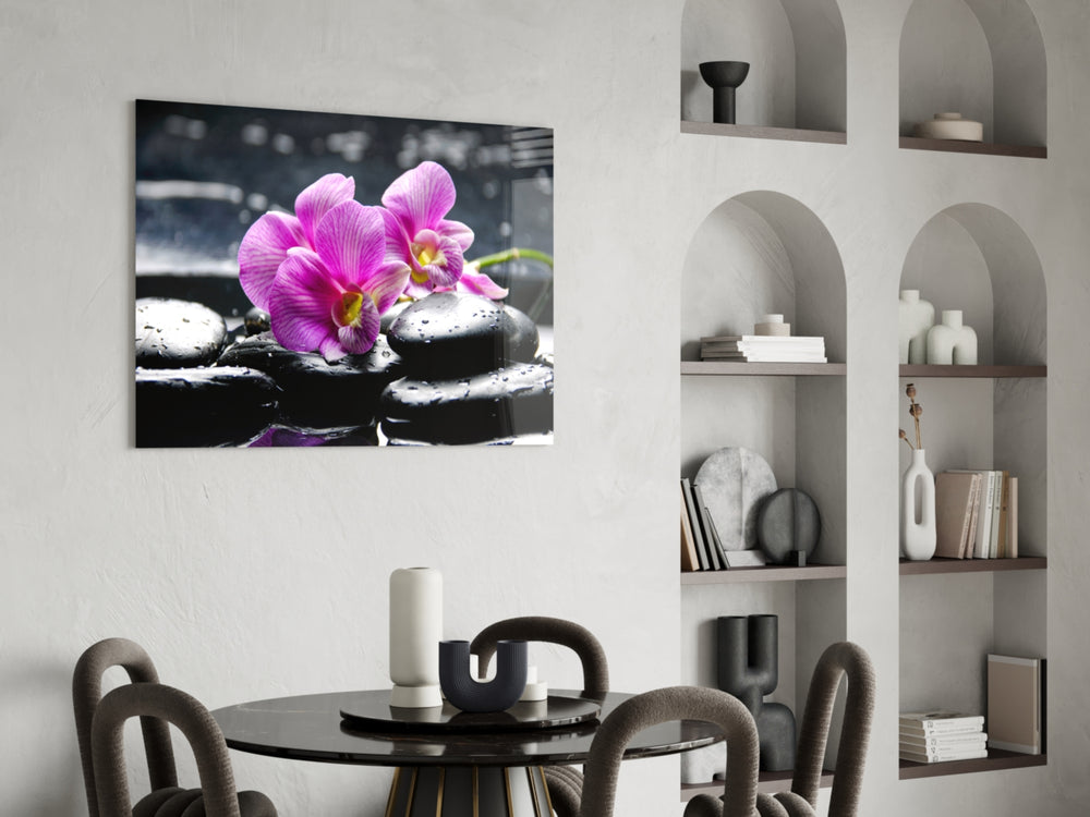Spa glass print adding evening ritual to a restful bedroom