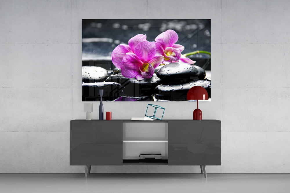 Fine art still life – two vibrant purple orchid flowers on glistening wet black zen stones with water droplets, dark reflective background