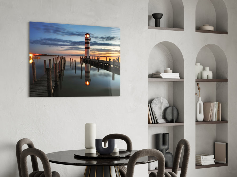 Lighthouse glass print enhancing a hallway with coastal geometry
