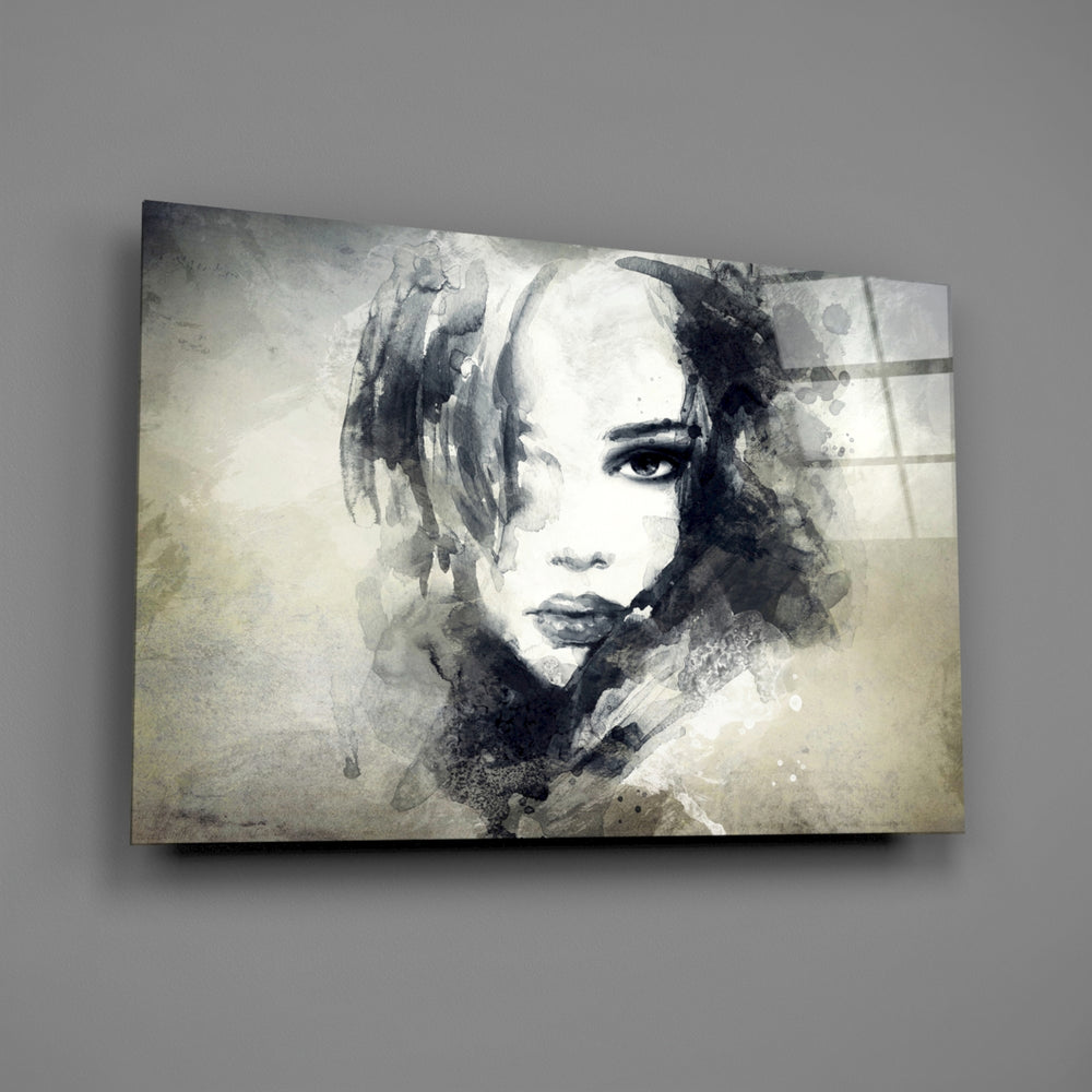 Close-up detail of the ink-wash woman portrait with paint drips