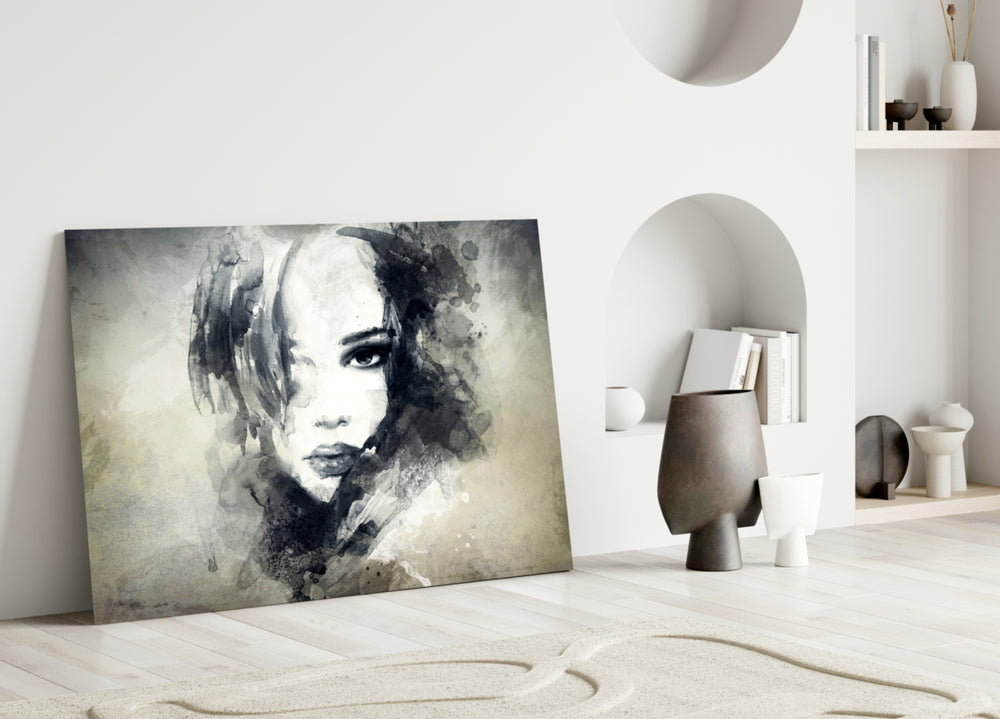 Woman Portrait glass wall art styled above a vanity in a dressing area