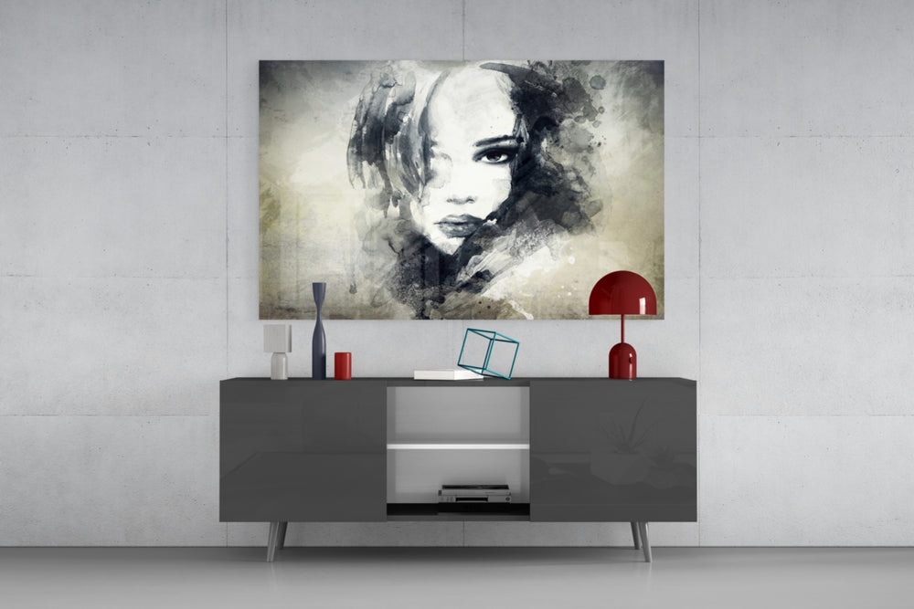 Fine art watercolor painting – dramatic black and white portrait of young woman, loose ink brushwork and splatter on aged textured background