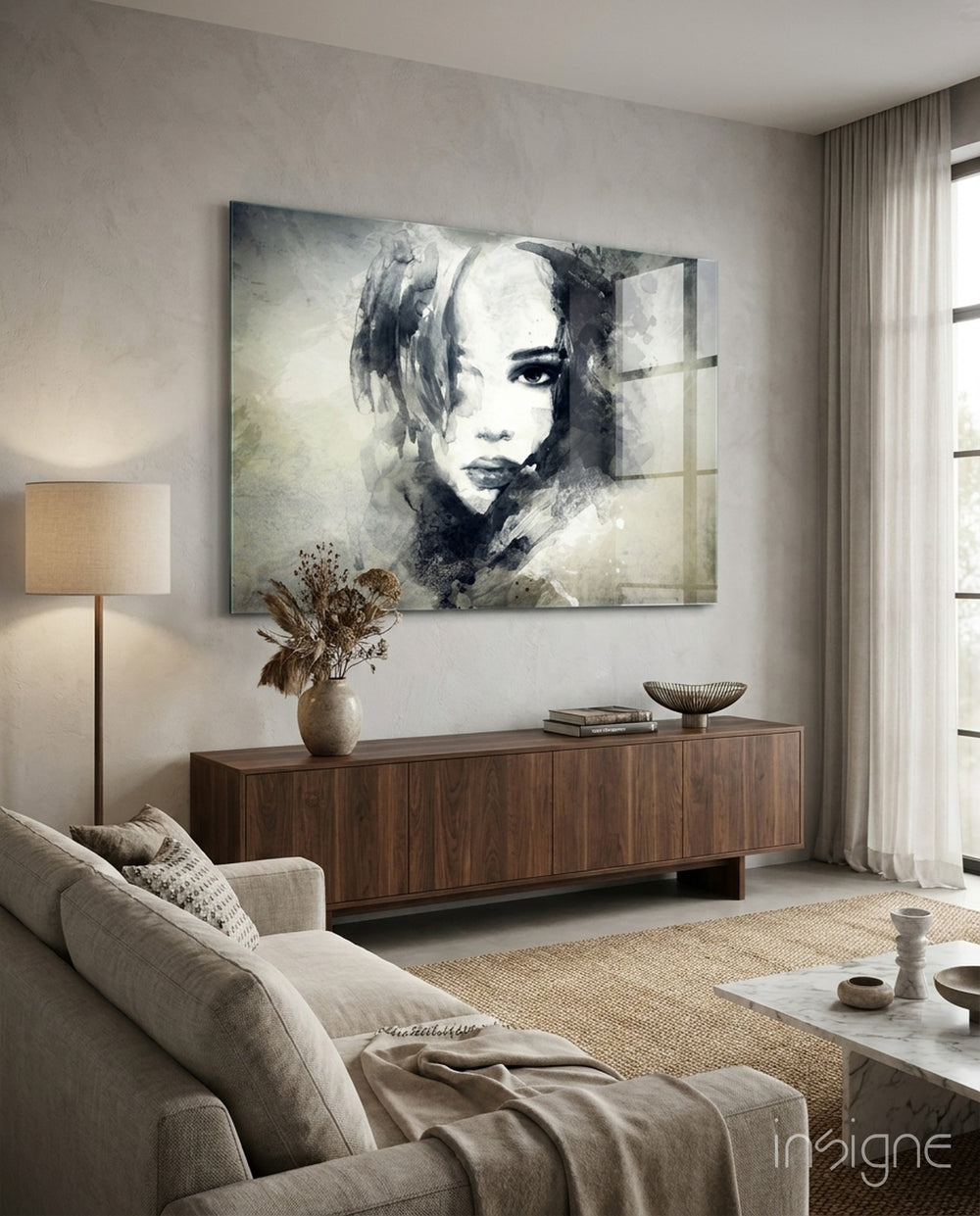 Woman Portrait glass wall art displayed above a console in a designer interior