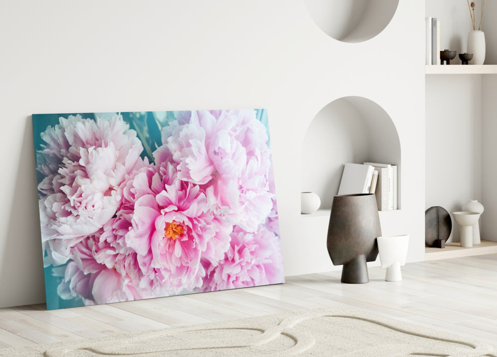 Flower glass wall art styled above a bed in a romantic bedroom