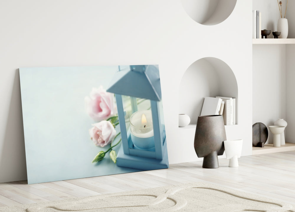 Candle and Rose glass wall art styled above a bed in a feminine bedroom