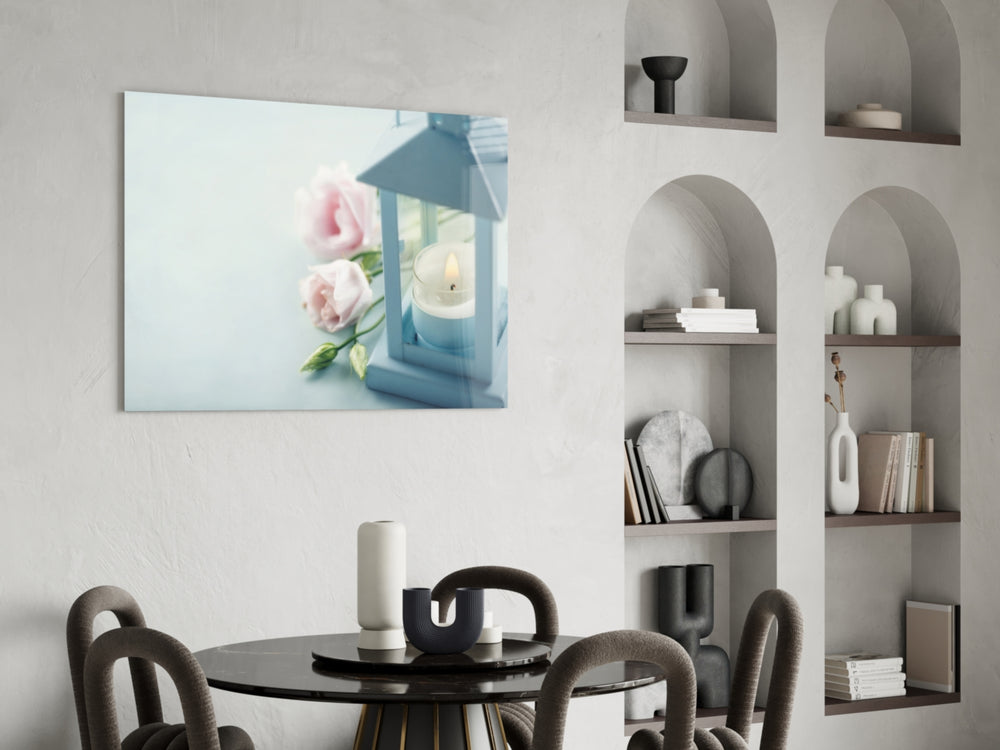 Candle and Rose glass print enhancing an intimate dining corner