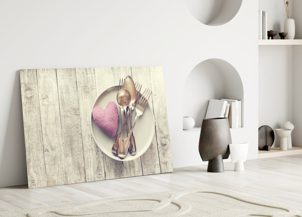 Heart glass wall art styled above a counter in a cottage-style kitchen