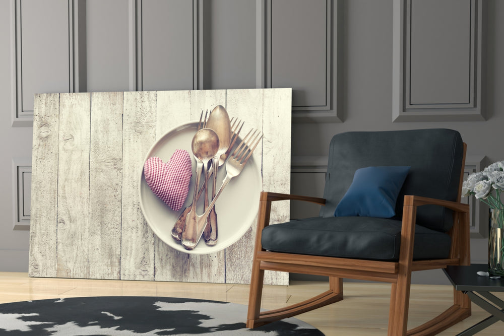 Heart artwork anchoring a kitchen with vintage character