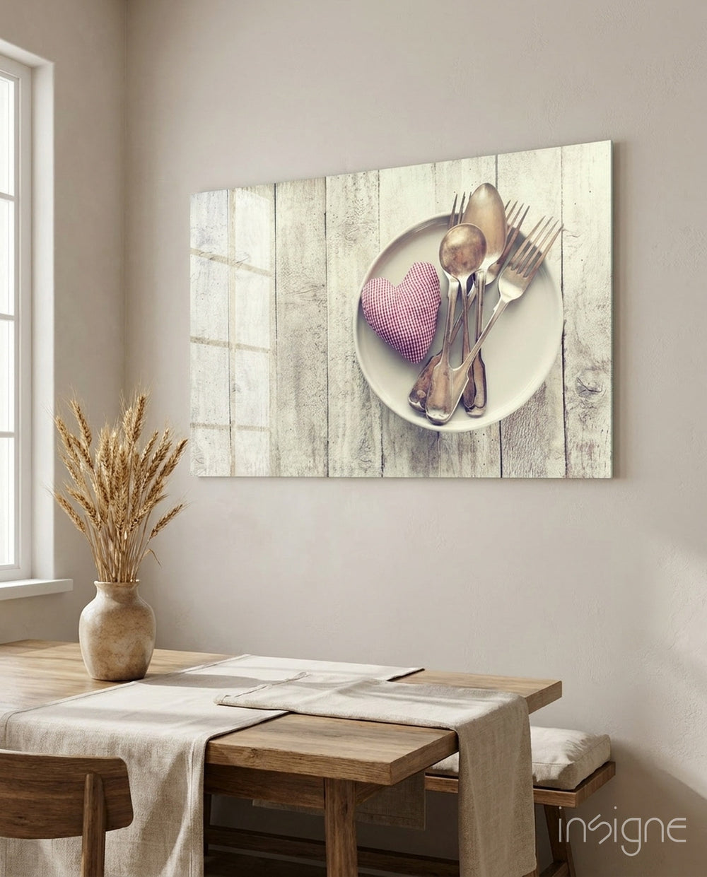 Heart rustic glass wall art displayed above a console in a designer interior
