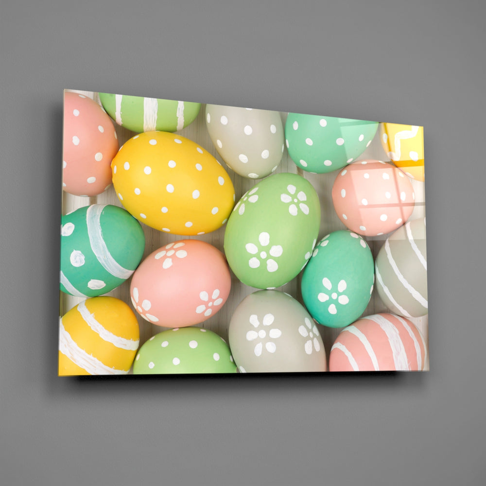 Close-up detail of pastel Easter eggs with dot and flower patterns