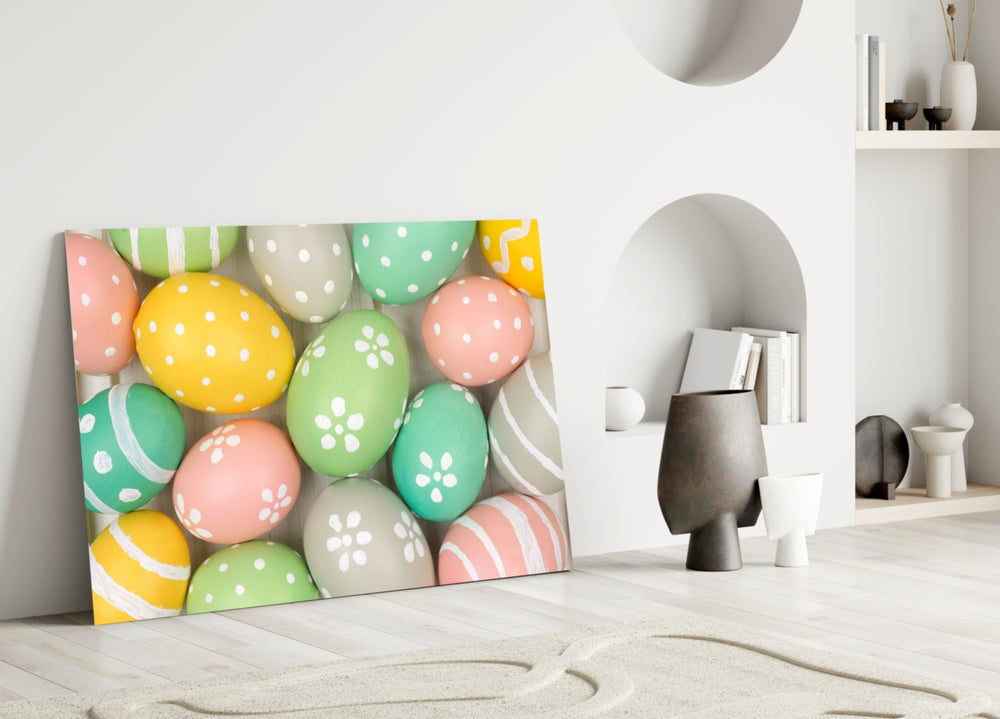 Eggs glass wall art styled above a kitchen counter