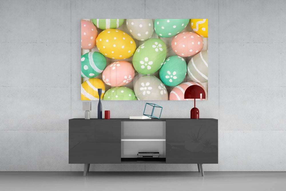 Fine art still life – pastel Easter eggs with white dot, flower and stripe decorations in soft green, pink, yellow and taupe tones
