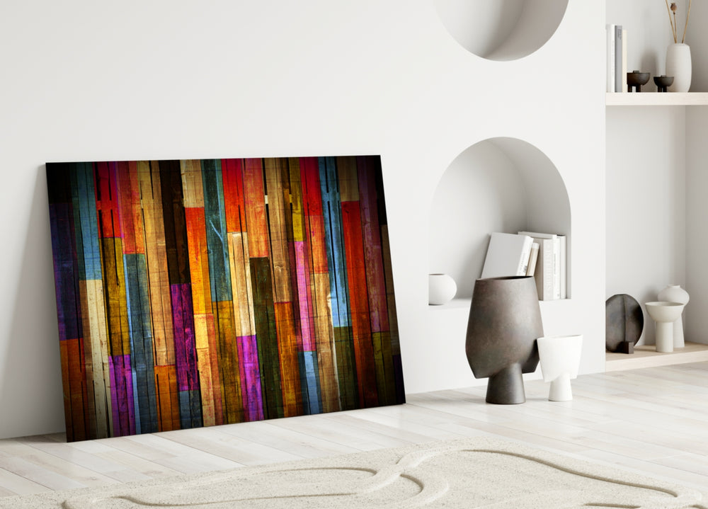 Painted Wood glass wall art styled above a sofa in a bohemian lounge