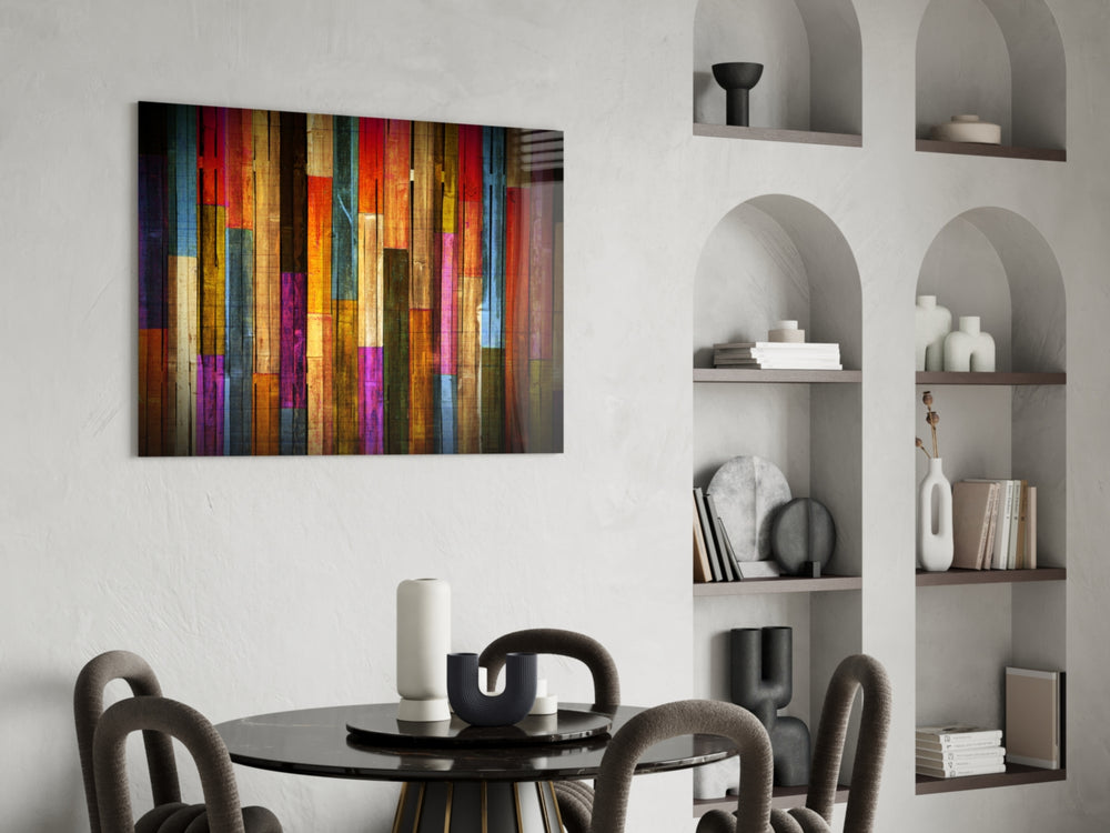 Painted Wood glass print enhancing a teen's room with festival palette