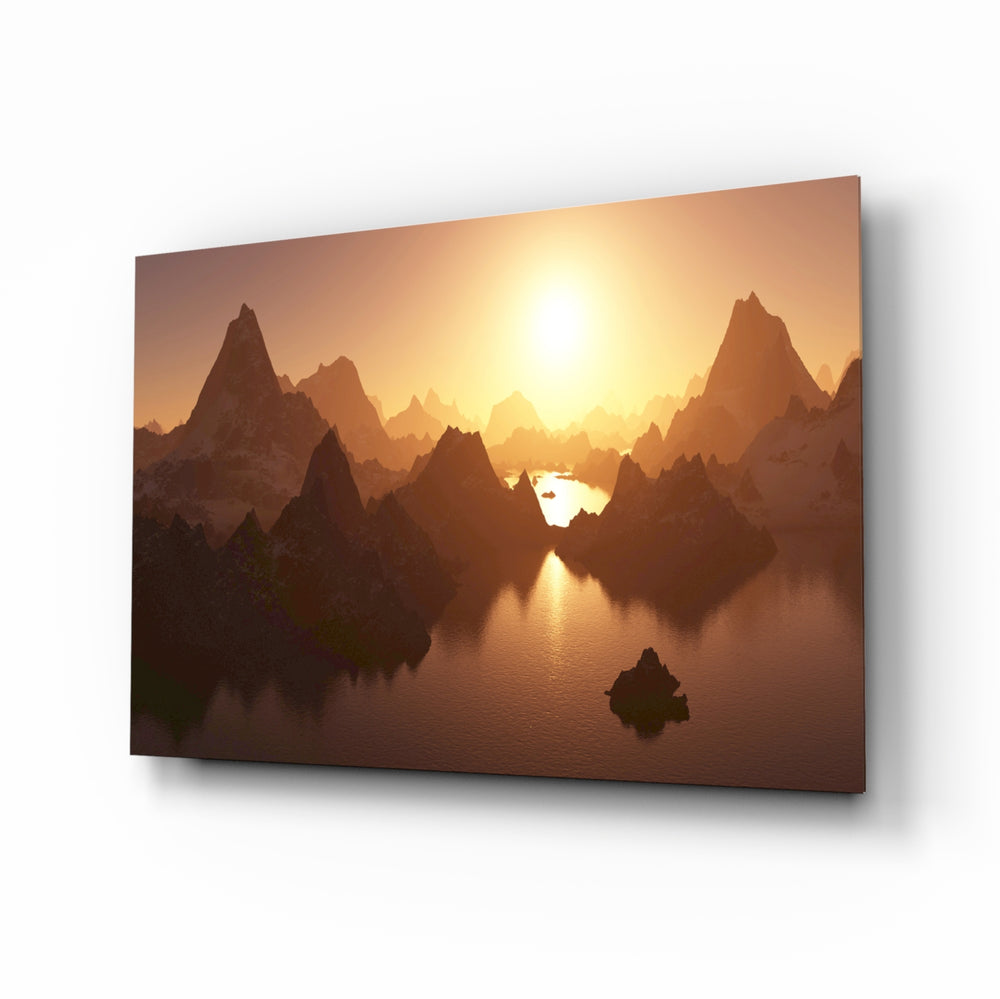 Mountain fantasy glass wall art displayed above a console in a designer interior