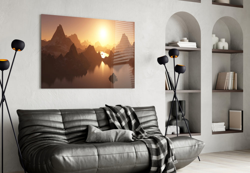 Mountain glass wall art styled above a bed in a dreamlike bedroom