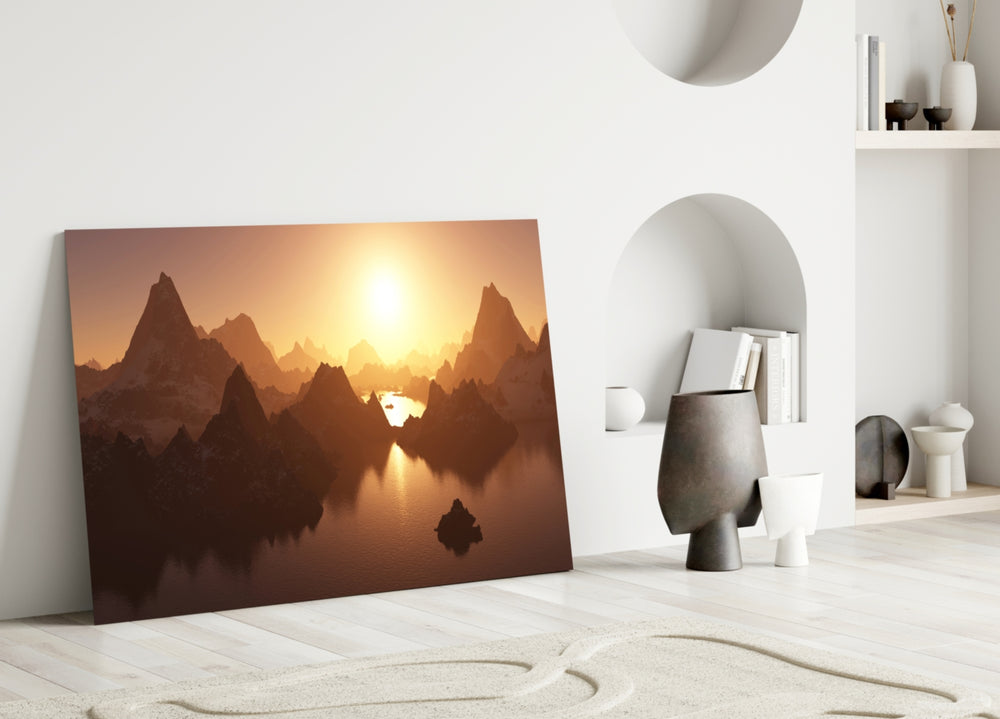 Close-up detail of sharp mountain peaks reflected in amber water