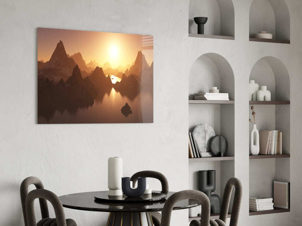 Mountain panel anchoring a study with painterly mood