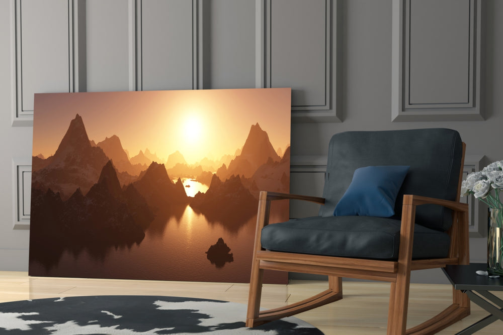 Mountain glass print enhancing a hallway with fantasy drama