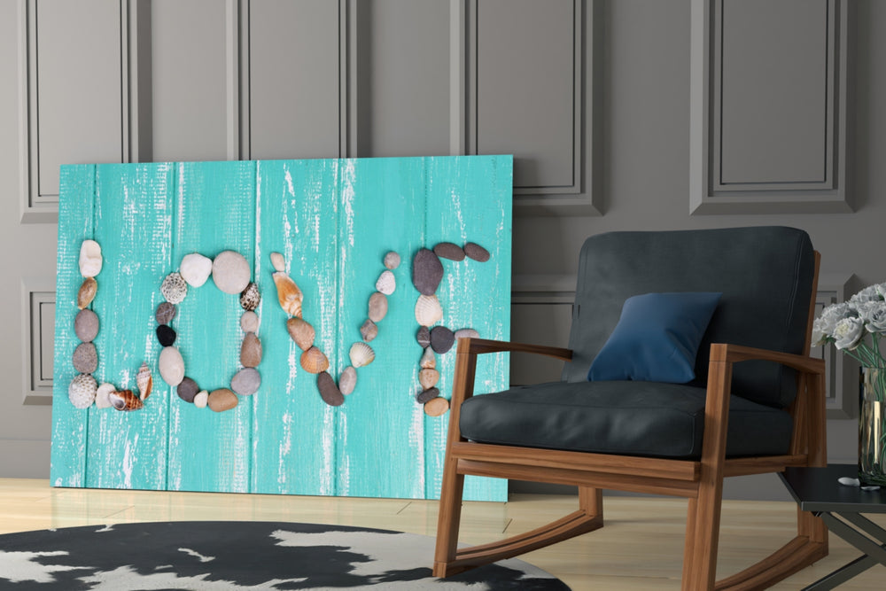 Love glass print enhancing a beach-house kitchen