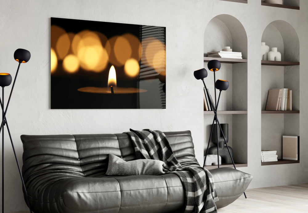 Candle glass wall art styled above a bed in an evening-mood bedroom