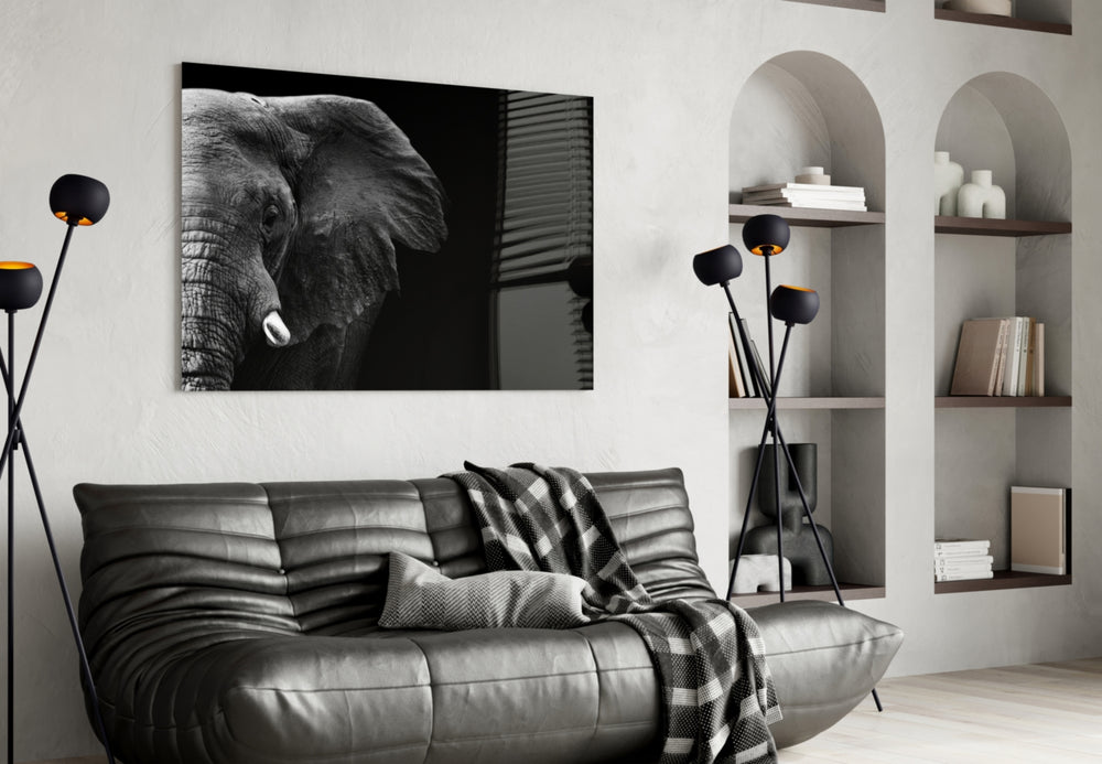 Elephant glass wall art styled above a sofa in a bold living room