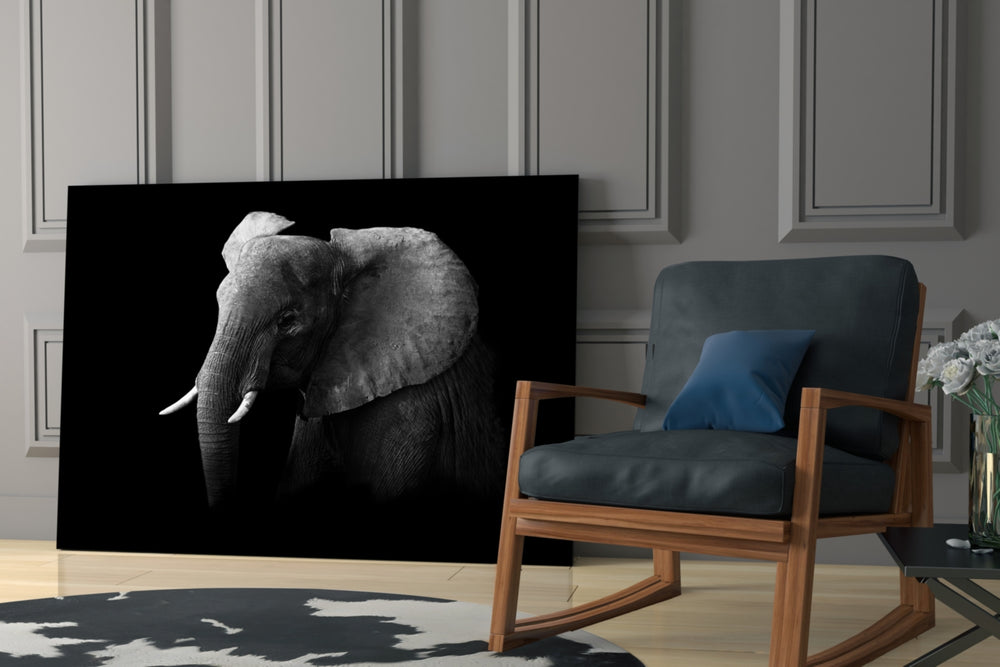 Elephant glass print enhancing a masculine lounge with wildlife presence