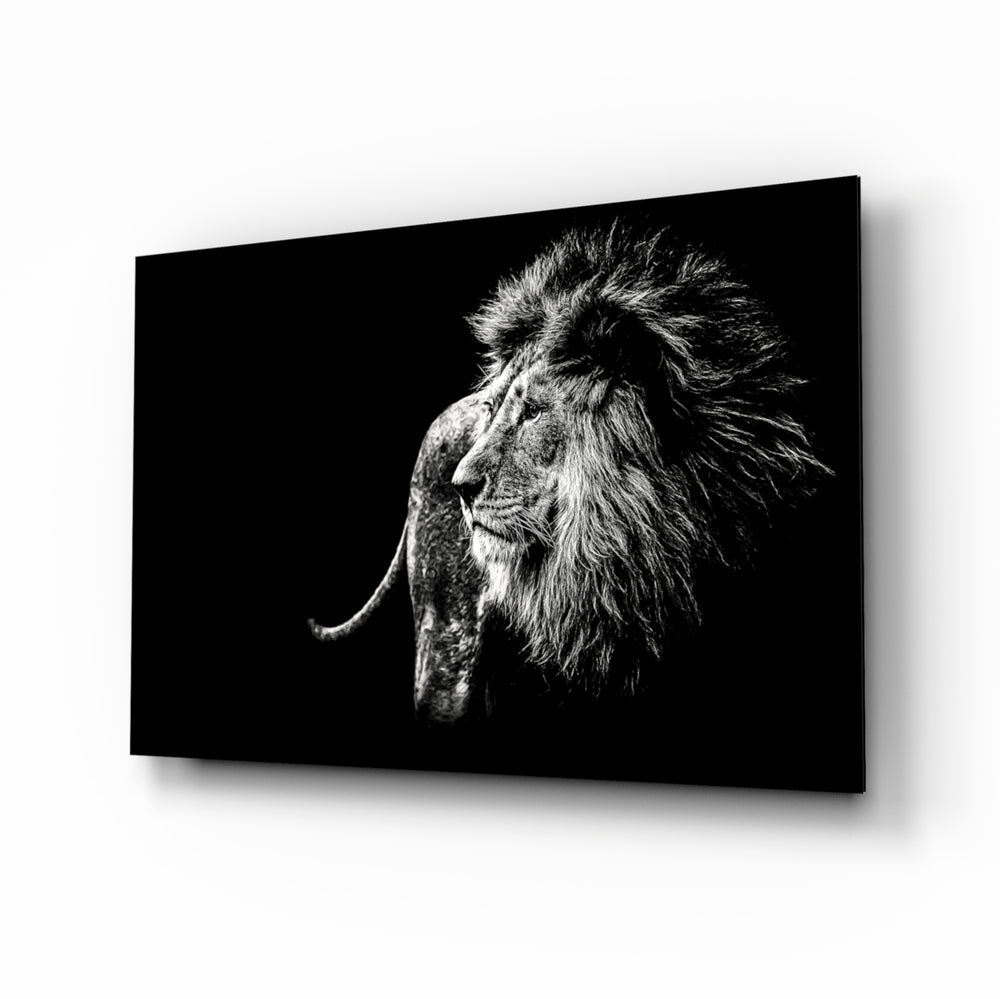 Lion glass wall art displayed above a console in a designer interior