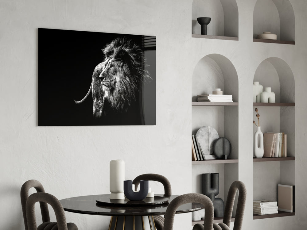 Lion panel anchoring a masculine lounge with wildlife presence