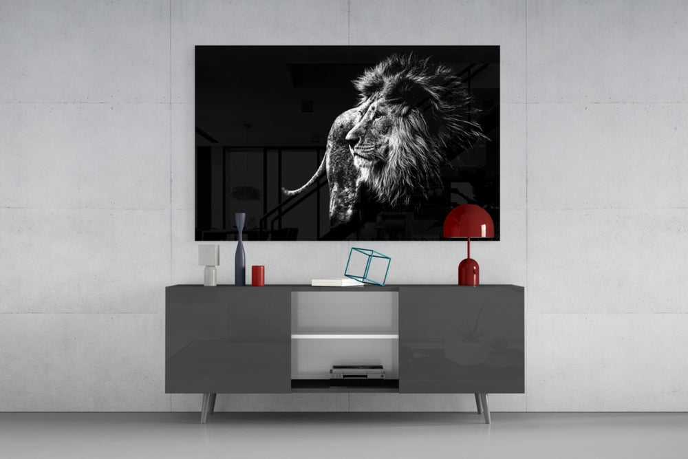 Lion panel catching side light to reveal its mane detail