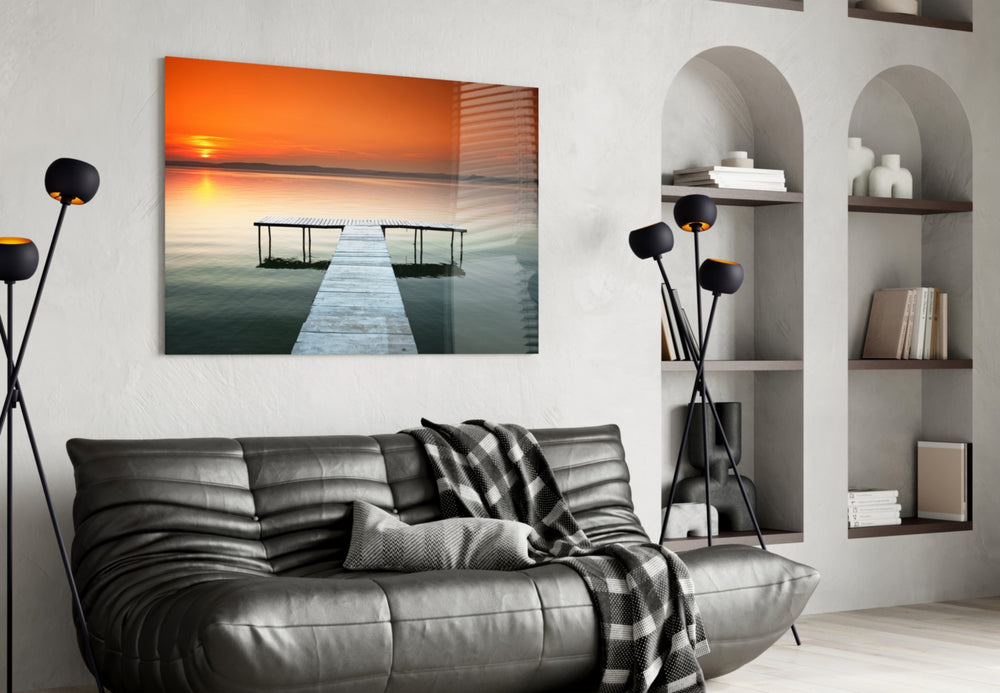 Dock glass wall art styled above a bed in an evening bedroom