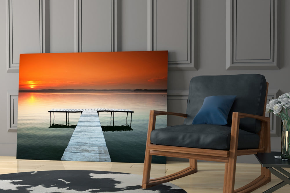 Dock glass print enhancing a hallway with sunset calm