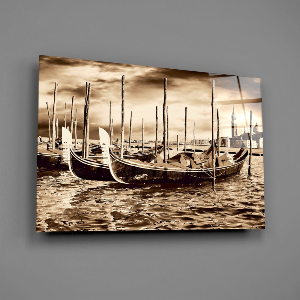 Venetian sepia gondolas panel bringing archival warmth to a contemporary living space