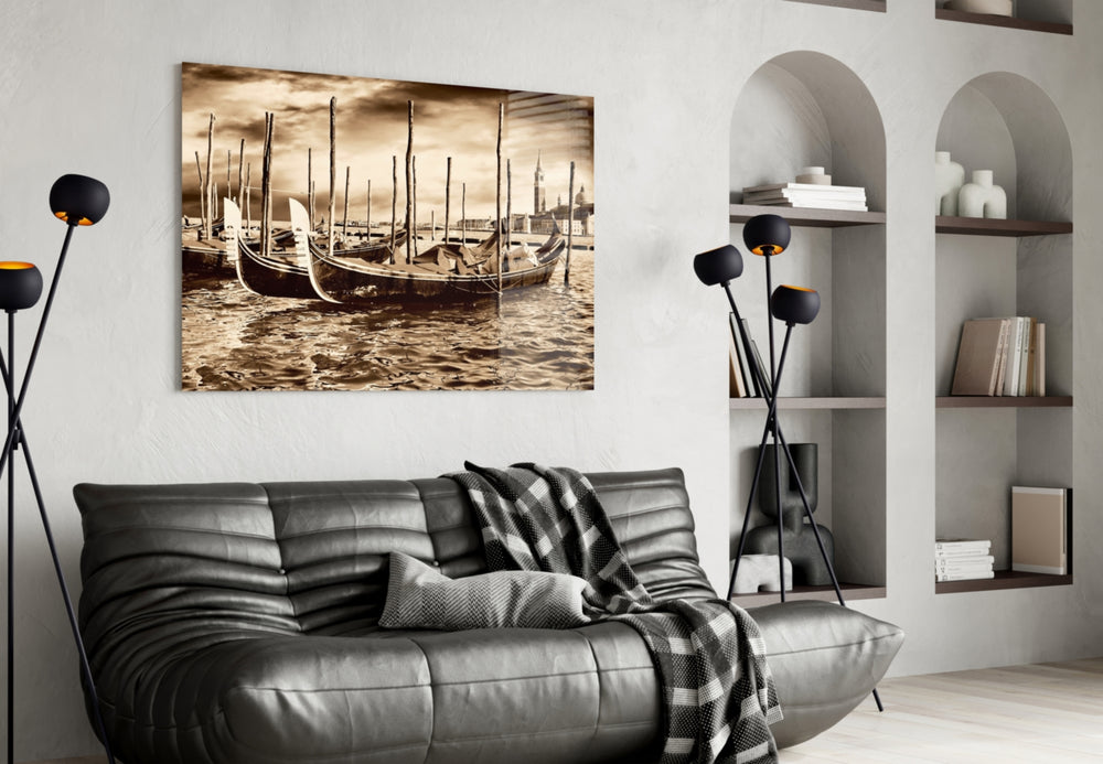 Venice glass wall art styled above a sofa in a travel-inspired living room